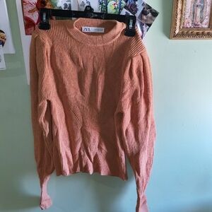 ZARA Puff-Sleeve Ribbed Sweater in Peach